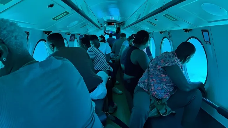 Passengers on submarine tour viewing marine life underwater with no signs of sea sickness.